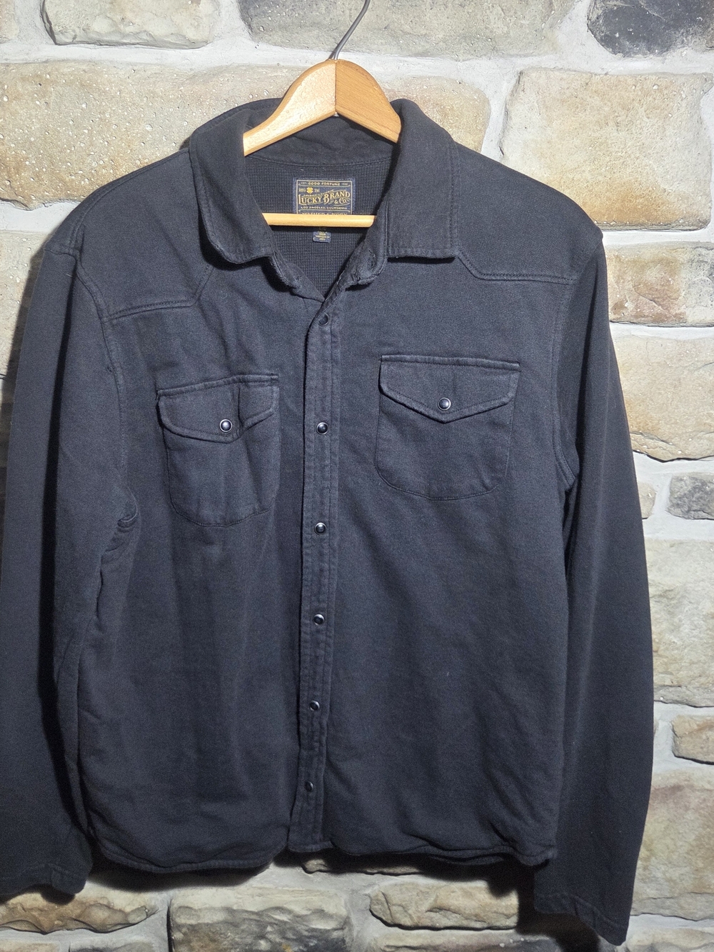 Lucky Brand Men's L Black Knit Western Shirt Jacket Pearl Snap Pockets Thermal L
